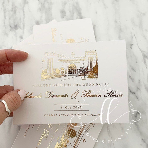 Foiled venue save the date  gold foil silver gold rose gold