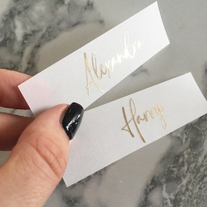 Vellum place cards with real foil gold rose silver
