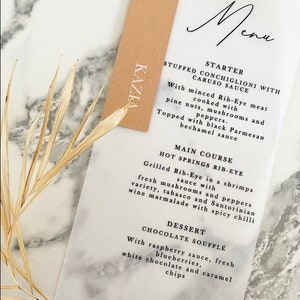 Vellum menu place cards wedding menu on the day table plan