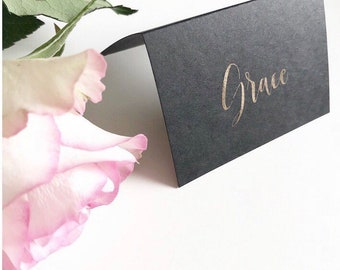 Black foiled place cards gold foil rose gold and silver per card