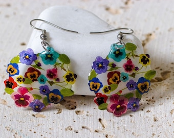 Pansy flower bouquet earrings, transparent and unique. Comes in a gift box.
