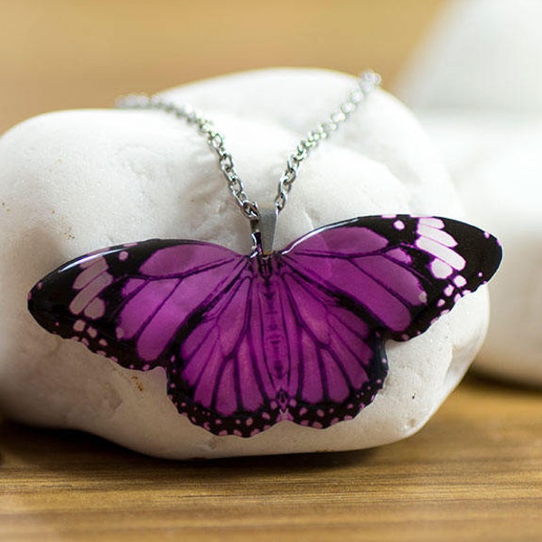 Purple tiger butterfly necklace, handmade, novelty, steel chain. In gift box.  Made in UK.