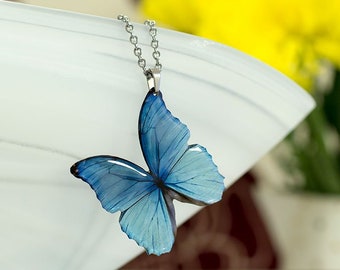 Blue morpho butterfly necklace. Handmade statement jewellery. Looks like real butterfly.