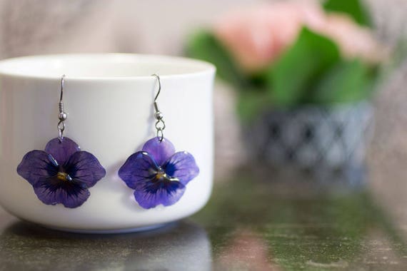 Resin, Purple Pansy Flower Earrings, Comes in a Gift