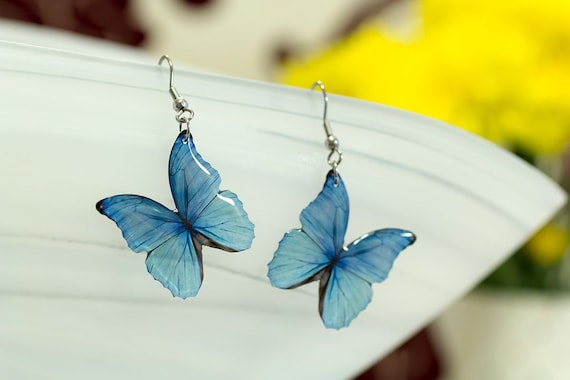 Blue Morpho butterfly earrings translucent. Looks like real butterfly. Comes in a gift box