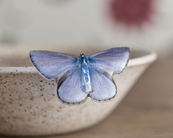 Baby blue butterfly brooch. The unique jewellery comes in a gift box. Entirely made by hand in England.