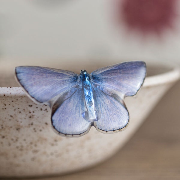 Baby blue butterfly brooch. The unique jewellery comes in a gift box. Entirely made by hand in England.