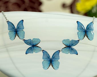 Blue morpho butterflies necklace. Handmade statement jewellery. Looks like real butterfly.