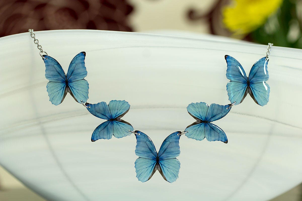 Blue morpho butterflies necklace. Handmade statement jewellery. Looks like real butterfly.