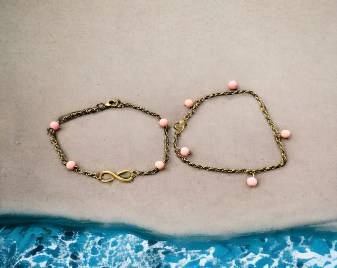 Set of 2 Chain Anklets, Beaded/Chain Anklets, Summer time Jewelry.