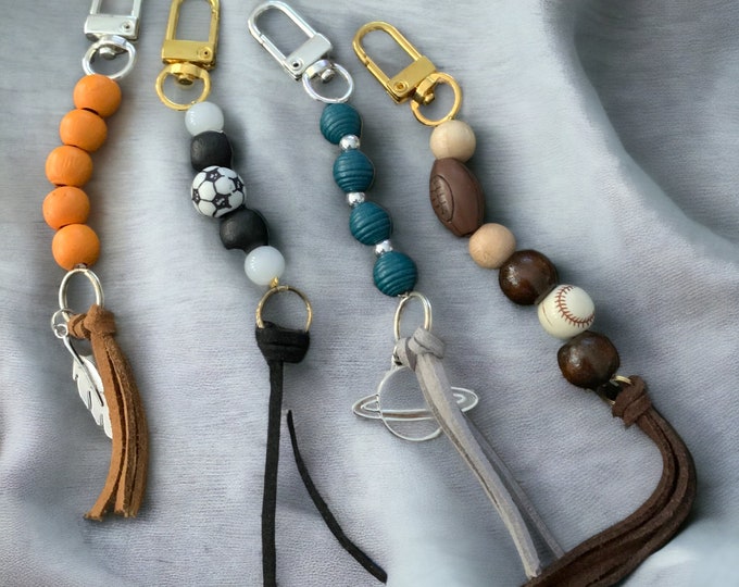 Boho Beaded Wood Tassel Keychains. Sports Theme Keychains,