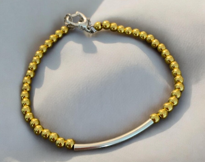 Gold and Silver beaded stretch bracelets, 14K gold plated & 925 silver plated bracelets, Beaded stretch Bracelet.