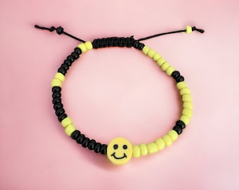 Happy Face Bracelet, Adjustable Cord Bracelet, Boys Beaded Bracelet