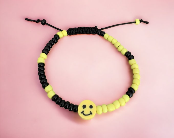 Happy Face Bracelet, Adjustable Cord Bracelet, Boys Beaded Bracelet