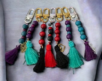 Beaded Keychain, Wood Beaded Keychain, Boho Tassel  Keychain, Keychain, Purse Charm