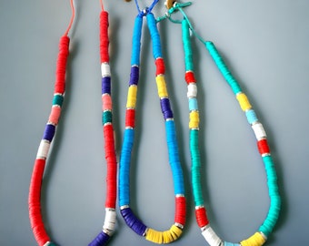 Colourful Polymer Clay African Necklace, Beaded Surfer Style