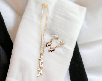 Wedding Jewelry Set of 2, Cubic Zirconia Olive Leaf Vine Necklace and Earring Set, Dainty Necklace and Earring Set, Bridal Set