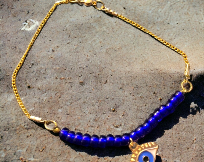 Evil Eye, Seed Bead and Chain  Anklet Set of 2, Layered Anklet, Evil Eye Anklet, Gold Chain Anklets, Wear Them Together of Alone!