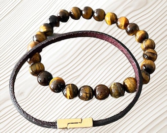 Men's Leather Bracelet Set, Chakra Beads, Sandalwood, Gold Clasp.