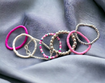 Polymer Clay and Beaded Bracelets,  Bracelet Set of 7, Stackable Bracelets, Colourful Bracelets
