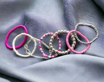 Polymer Clay and Beaded Bracelets,  Bracelet Set of 7, Stackable Bracelets, Colourful Bracelets