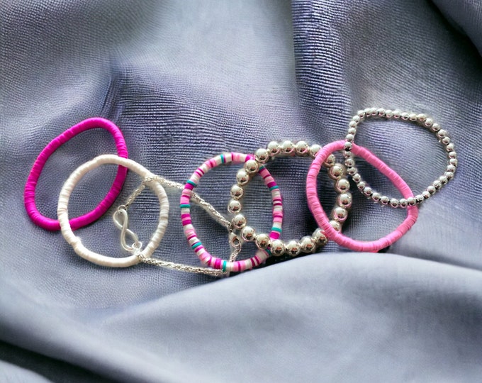 Polymer Clay and Beaded Bracelets,  Bracelet Set of 7, Stackable Bracelets, Colourful Bracelets