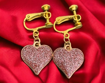 Clip on Heart Earrings, Glitter Heart Earrings, Non Glitter Heart Earrings