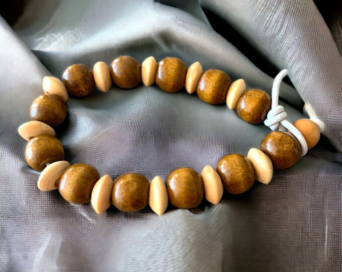 Mens Beaded Bracelet,  Men's Leather Bracelet, Surfer Bracelet, Wood Beads, Brown, Leather Cord, Bohemian, Rustic, Masculine Bracelet