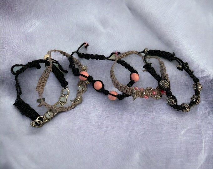 Adjustable jute cord bracelets with metal and glass beads, metal chain, bracelet for any wrist, jute bracelet set of four.