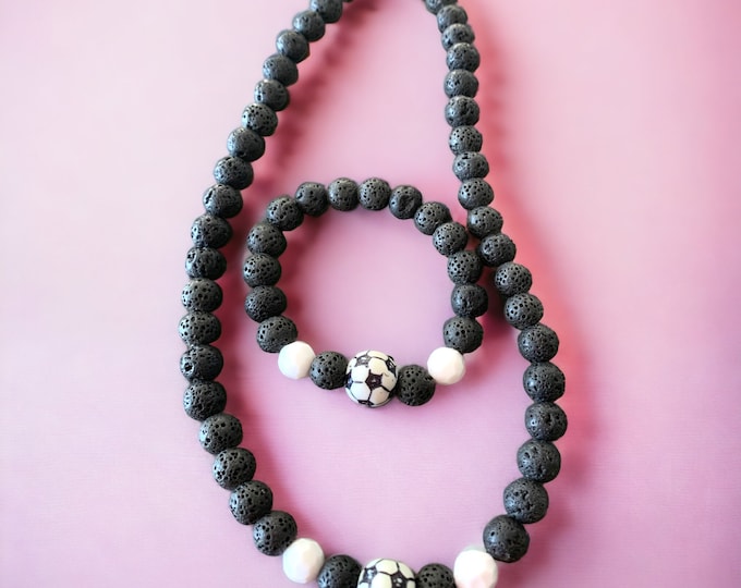 Boys Beaded Necklace and Bracelet Set, Stretch Necklace, Stretch Bracelet, Soccer Ball Theme!