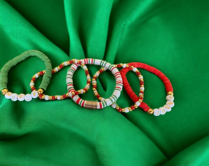 Christmas Holly Jolly Bracelet Set, Christmas Season Greetings Bracelet Set, Holiday Bracelet Set of Five