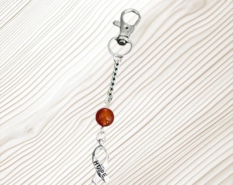 Cancer Awareness Keychain, Hope Ribbon, Rose Quartz Gemstone, Survivor Support
