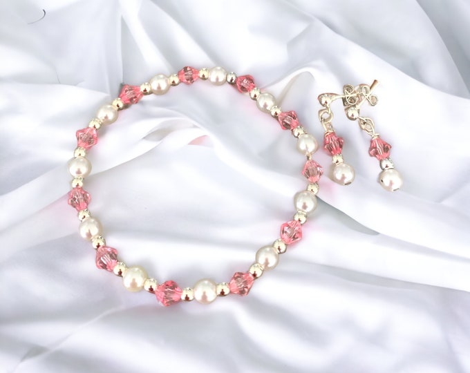 Pearl and Swarovski Crystal Beaded Bracelet and Earring Set, Birthstone and Pearl Bridal Set.