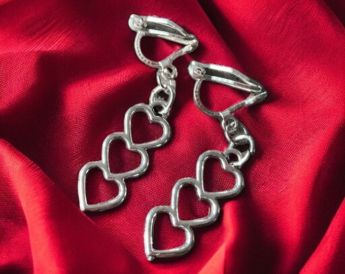 Clip on Earrings, Triple Heart Earrings, Non Pierced Earrings, Clip on Dangle Earrings