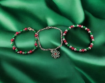 Christmas Pearl Bracelet Set, Holiday Jewelry.