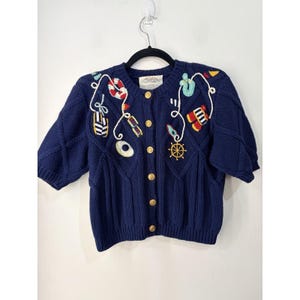 Vintage Susan Bristol Nautical Cardigan Petite Hand Embroidered Ramie Cotton Med