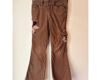Pantalones vaqueros vintage Y2K Limited Too de pana marrón para niña, talla 6, corte slim acampanado, patchwork floral