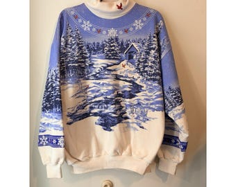 Felpa da donna taglia XL con collo alto e scritta "Vntg Art Unlimited Winter Scene" con cardinale e cottage.