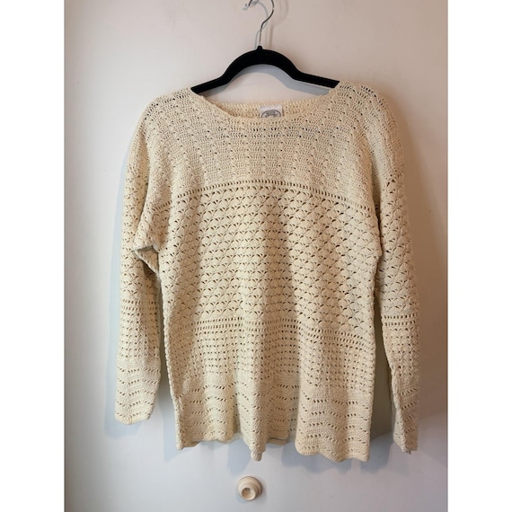 Laura Ashley, Vintage Laura Ashley Open Knit Crochet Sweater Ivory Small Relaxed Fit