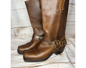 FRYE 87465 JESSE HARNESS Brown Leather Motorcycle Boots 