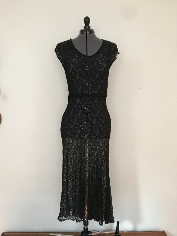 1930s Black Widow Lace Evening Dress
