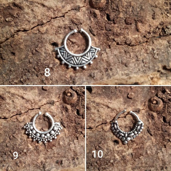 Ornate Indian Tribal Brass Silver Clip on Septum Ring Nose Goa