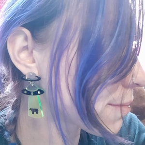 Alien UFO large UV green translucent 3D drop earrings