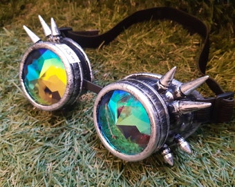 Caleidoscoop Rainbow Vision Trippy Festival Rave steampunk-bril antieke zilveren spikes
