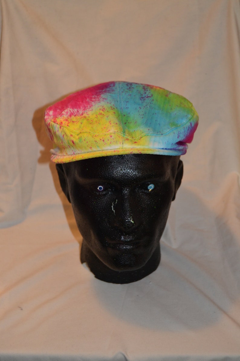 Handmade Tie Dye Flatcap Gatsby Newsboy Rave Hat Rainbow Multi Colour Festival Tie dye flat cap