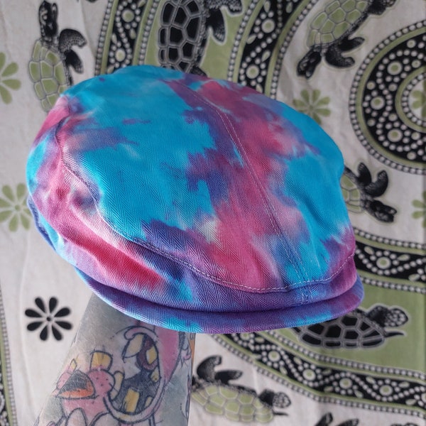 Handmade Tie Dye Flatcap Gatsby Newsboy Rave Hat pink blue Multi Colour Festival
