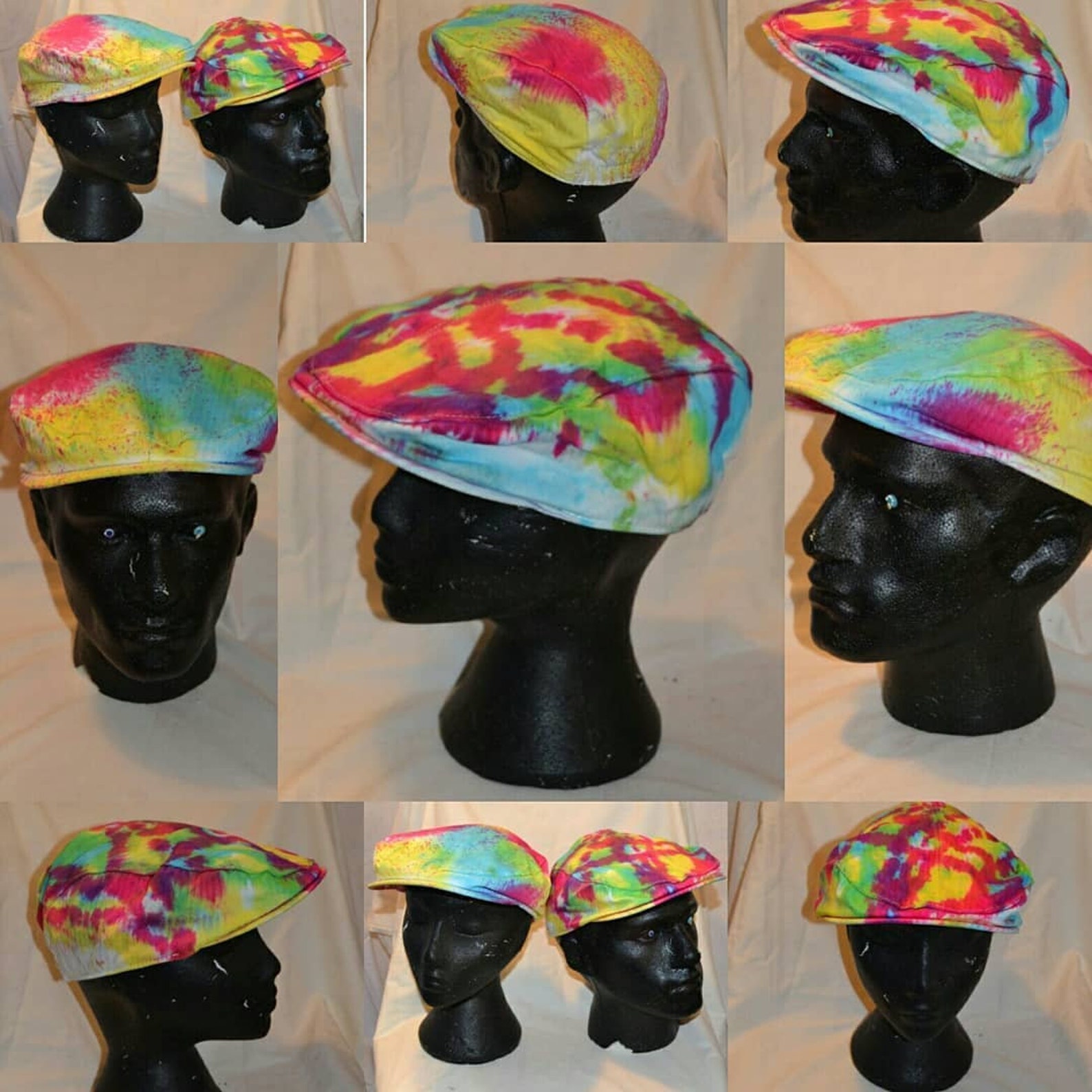 Handmade Tie Dye Flatcap Gatsby Newsboy Rave Hat Rainbow Multi Colour Festival Tie dye flat cap