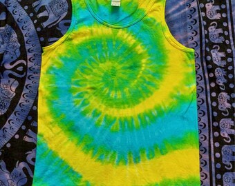 Blue Green Yellow spiral festival tie dye t shirt tank vest top men's summer size S-2XL