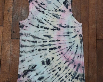Pastel Rainbow Tie Dye Tank Top: Black Faded Spiral, Festival Style