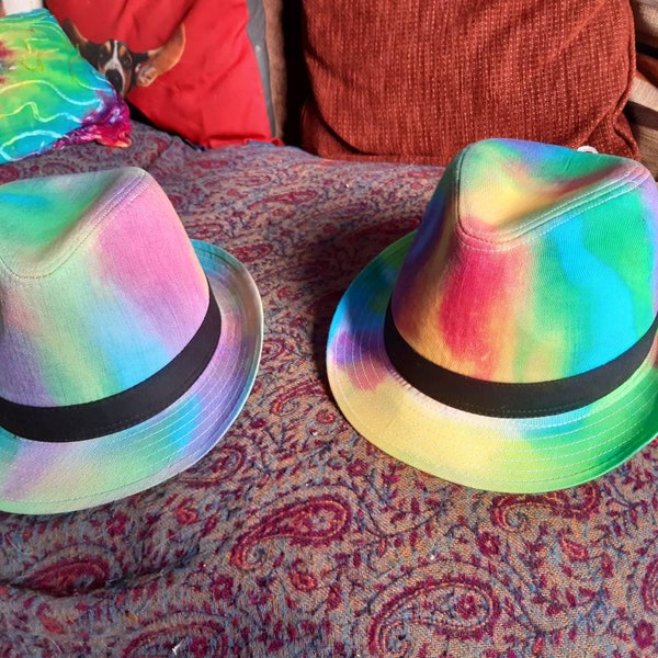 Handmade Tie Dye Fedora Trilby Rave Hat Rainbow Multi Colour Festival